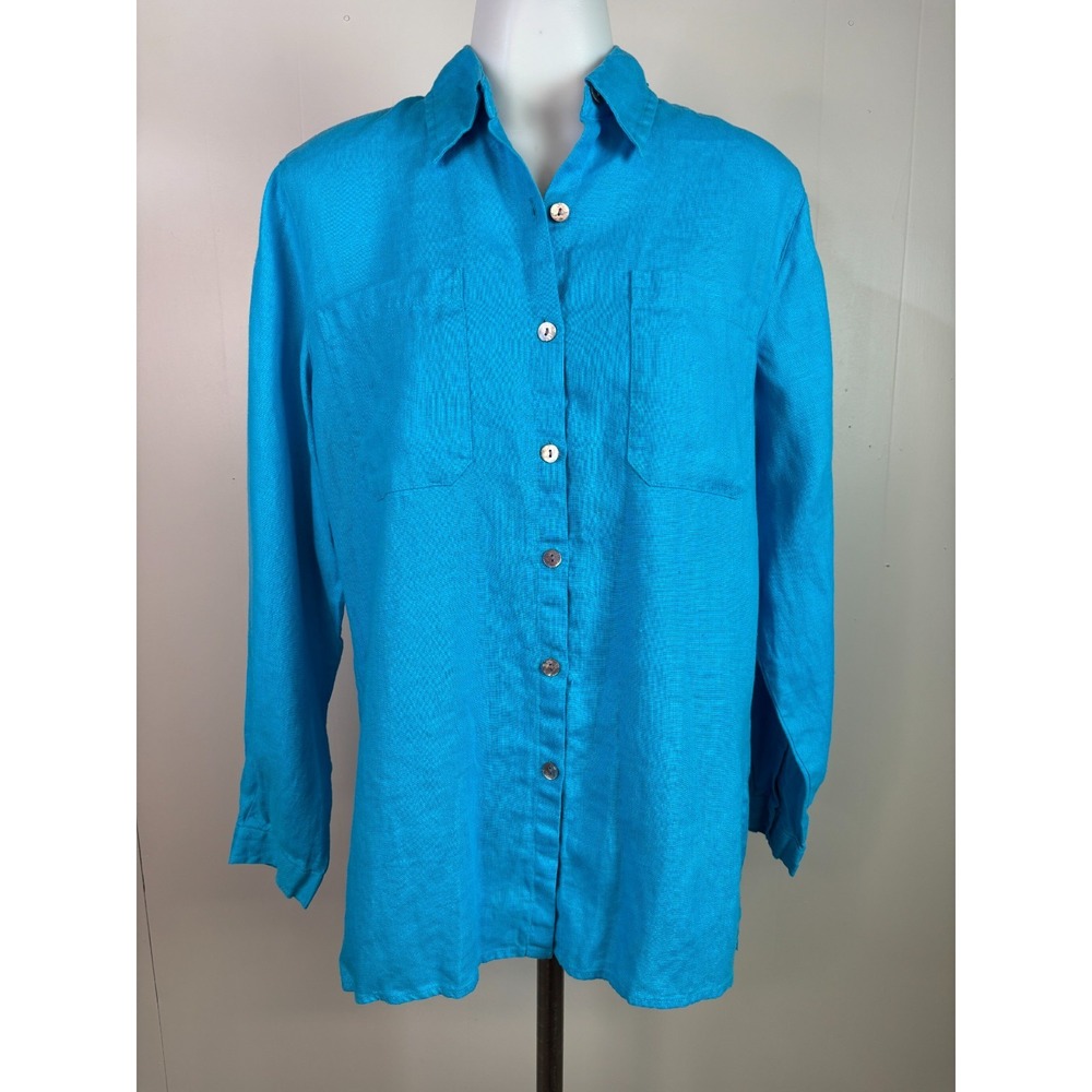 Vintage Chico's Top 0 Women's Small Blue 100% Linen Button-Front Shirt